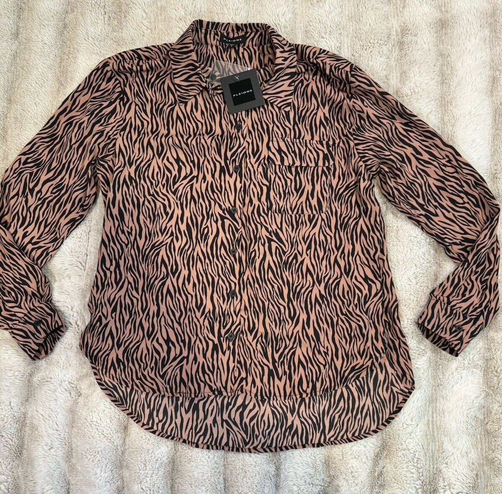 Pleione Zebra Print Button Up Blouse Women Small Roll Tab Long Sleeve NWT