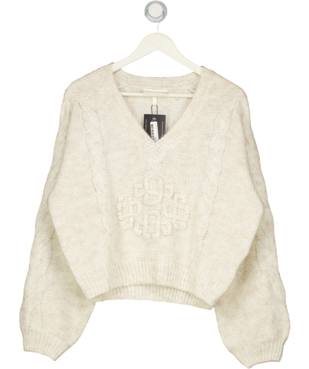 THE COUTURE CLUB Beige Emblem Knitted V Neck Jumper UK L