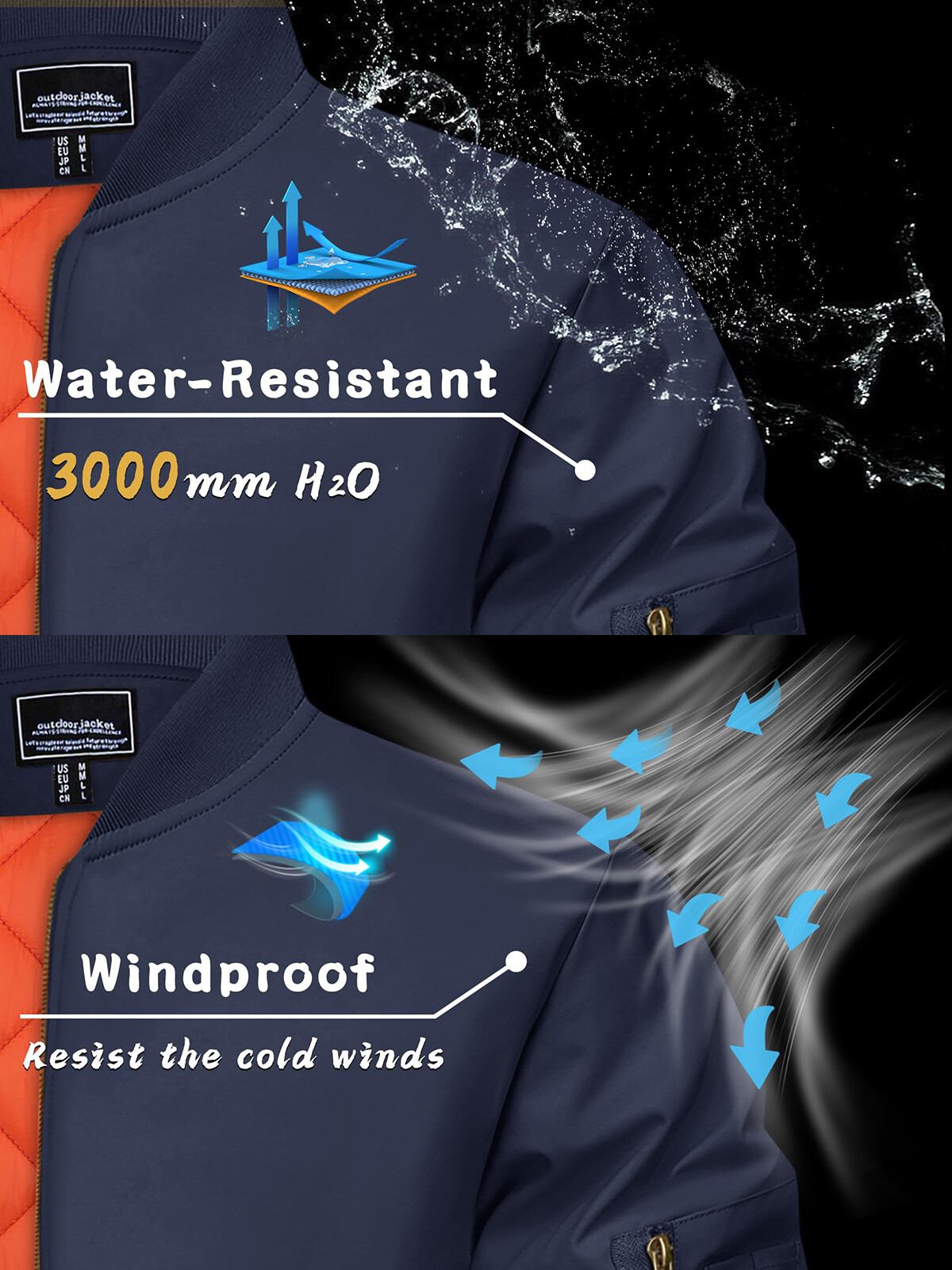 Mens Casual Windproof Bomber Jacket Full Zip Windbreaker Warm Winter Padded Coat