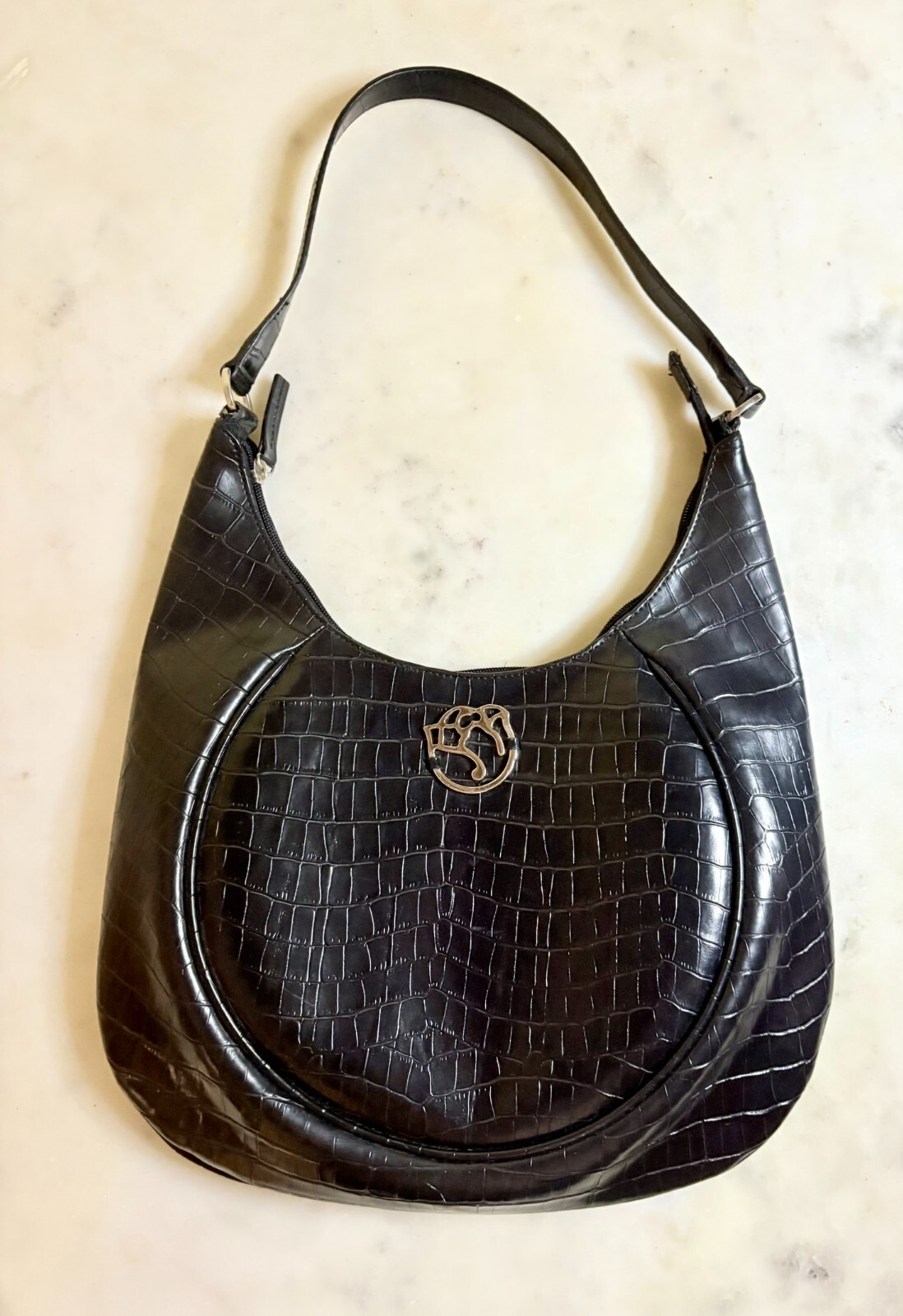 BRACCIOLINI Black Crocodile Embossed Handbag | Italian Saddlebag Purse