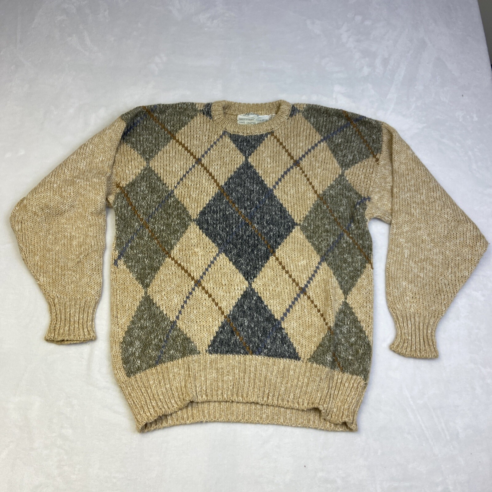 Heritage Linen & Cotton Knit Crewneck Argyle Sweater Size 44″ ~XL Intarsia
