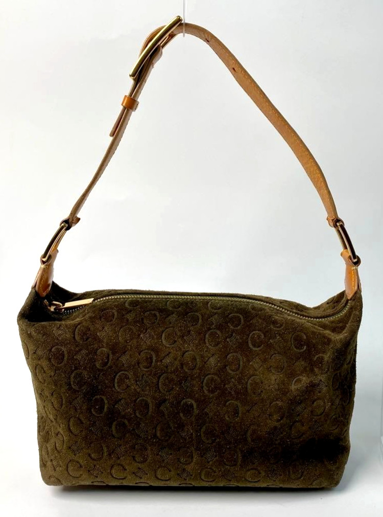CELINE C Macadam Suede Shoulder Bag Khaki Brown Gold Hardware Women Vintage