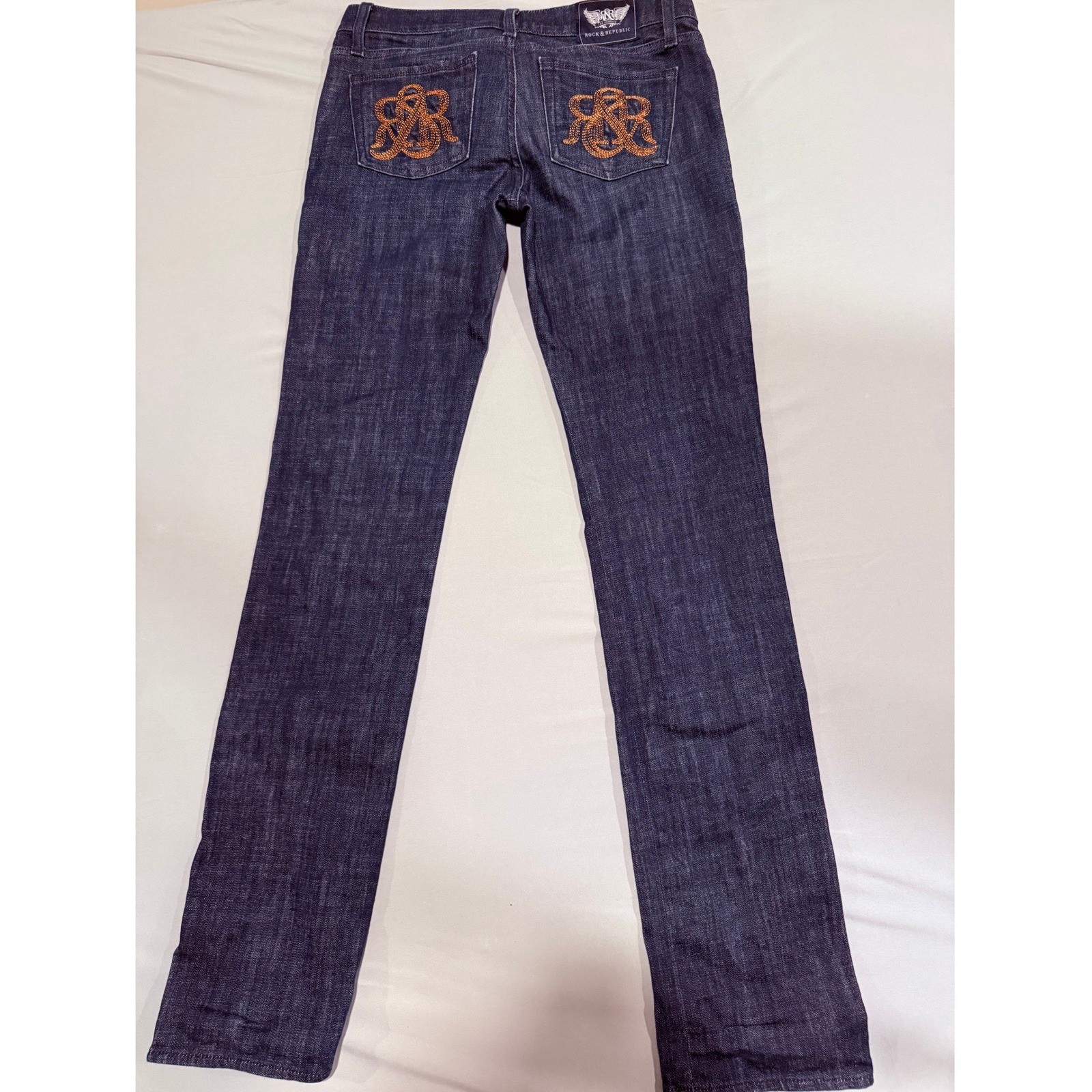 Rock & Republic Stella Straight Leg Jeans Dark Wash Embroidered Logo Size 28