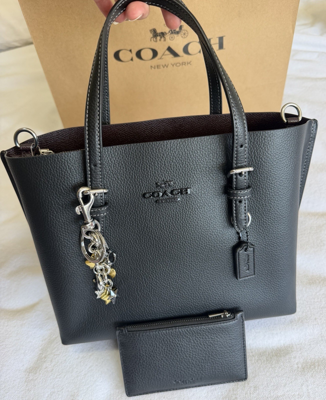 NWT Coach Mollie Tote 25 Black Metallic Logo Bundle w/ Strap, Charm, Dust Bag