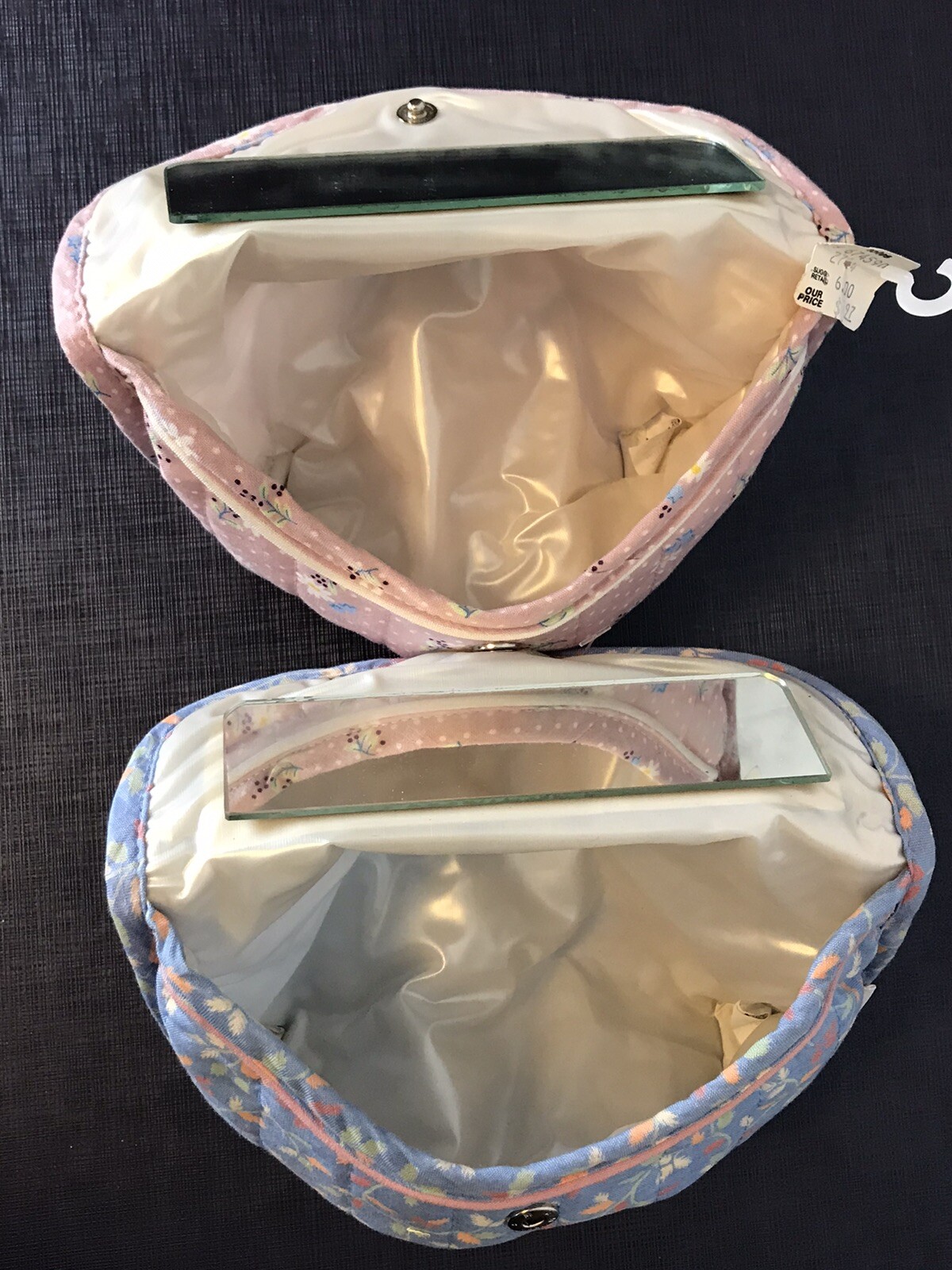2 Totes Small Makeup Travel Bags Fabric Plastic Lined Deadstock
