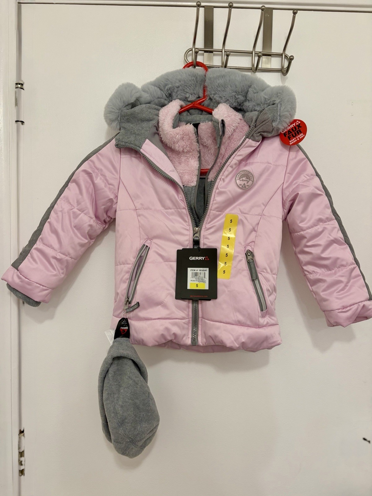 Gerry Girls Pink Gray Hooded Puffer Jacket Faux Fur Trim Full Zip Pockets Sz 5