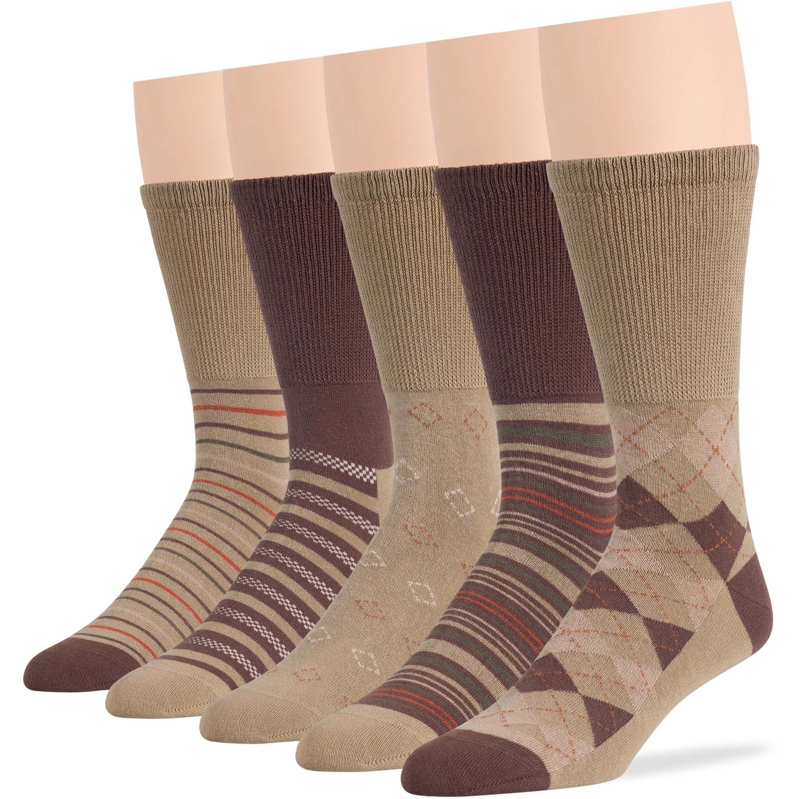 Men Diabetic Wide Cotton Crew Sock 5 Pack Large-Stripe Khaki, Brown, Beige