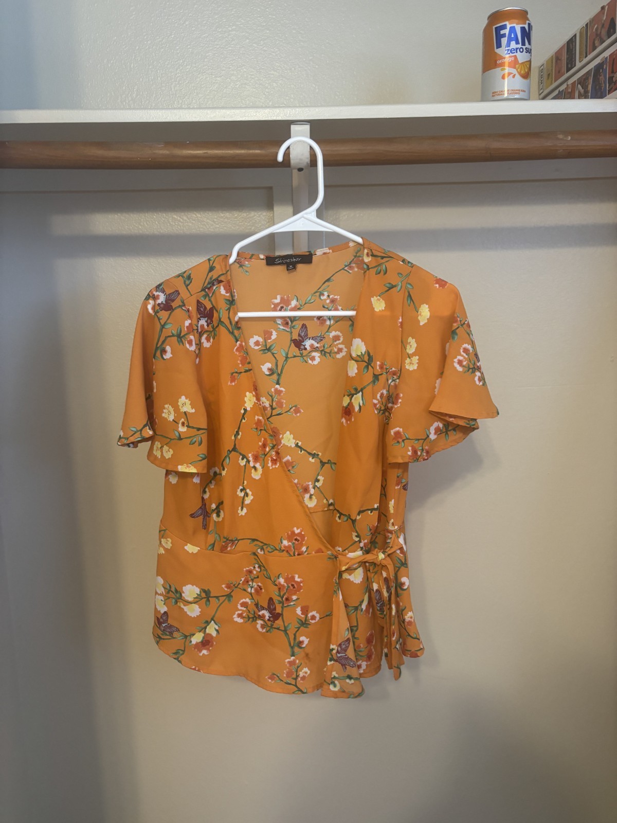 Women Orange Floral Blouse with Tie Front and Ruffle Sleeves Size Medium