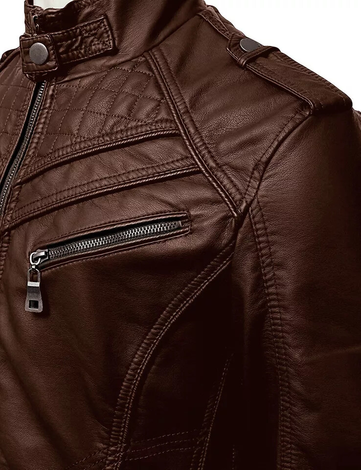 MENS REAL SHEEPSKIN BROWN LEATHER JACKET RETRO SLIM FIT BIKER JACKET