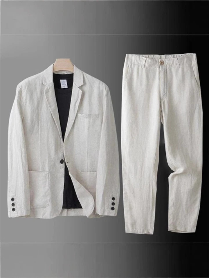 Share 2 Pc Men Two Button Suit Summer Linen Causal Blazer Pants Coat Beach