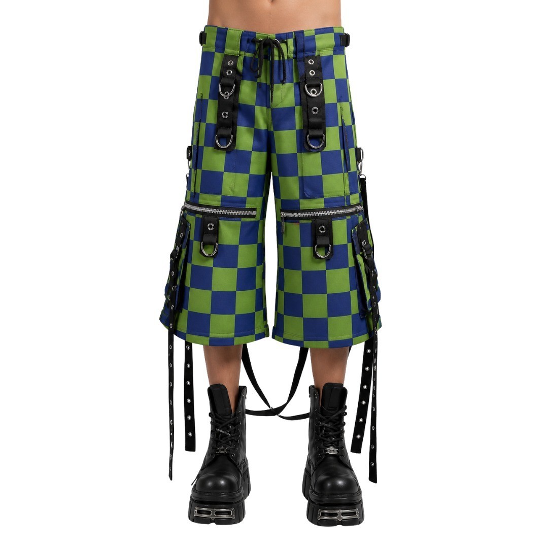 Men’s Cyber Goth Cargo Shorts Green Blue Checkered Bondage Straps Wide Leg Punk