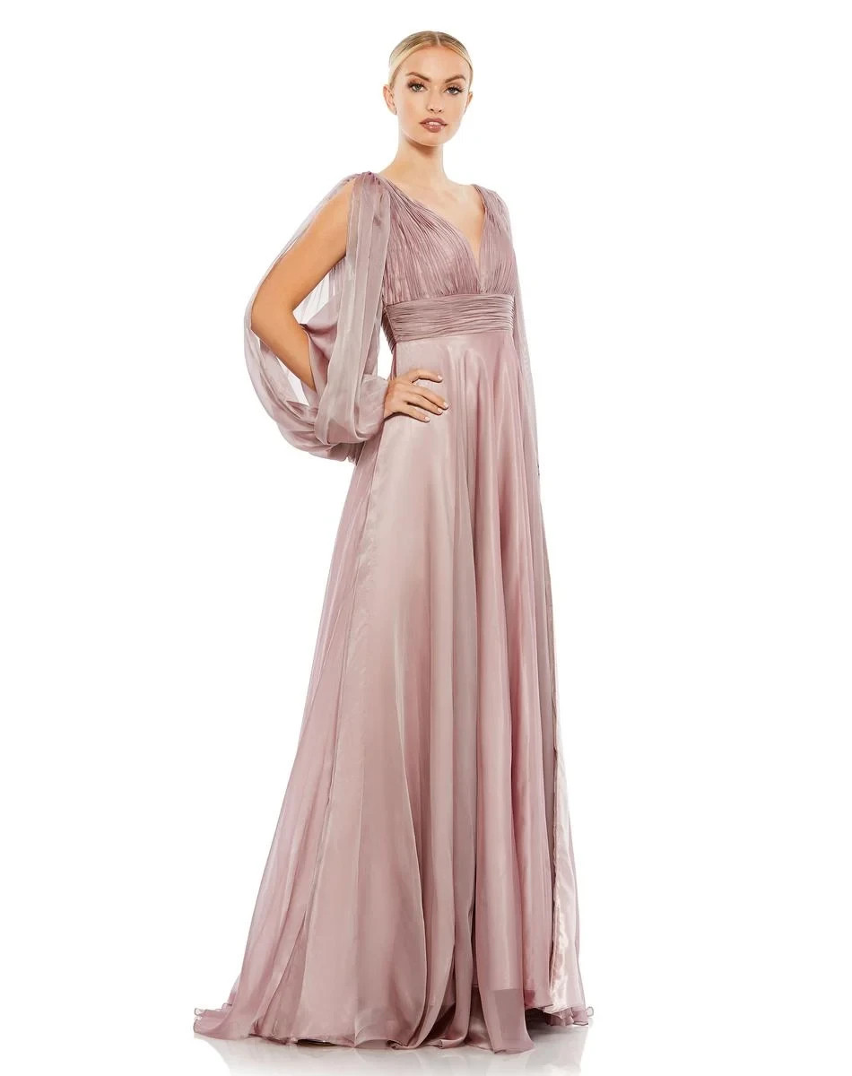 Mac Duggal Mocha Mauve A-Line Split Beaded Sleeve Chiffon Gown Size 16 $598