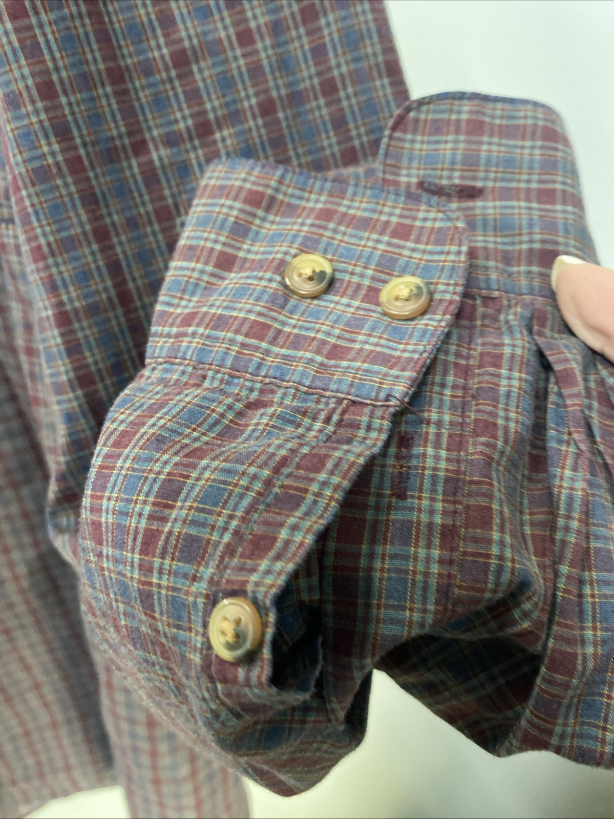 Men’s Deansgate Dress Shirt-Red/Blue Plaid Long Sleeve, Pocket Size XL