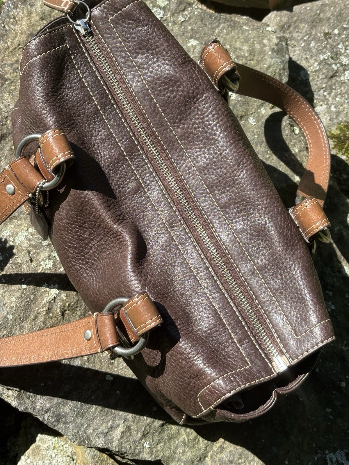 Coach F10887 Cocoa Brown Pebbled Leather Shoulder Tote Bag Purple Lining Hangtag