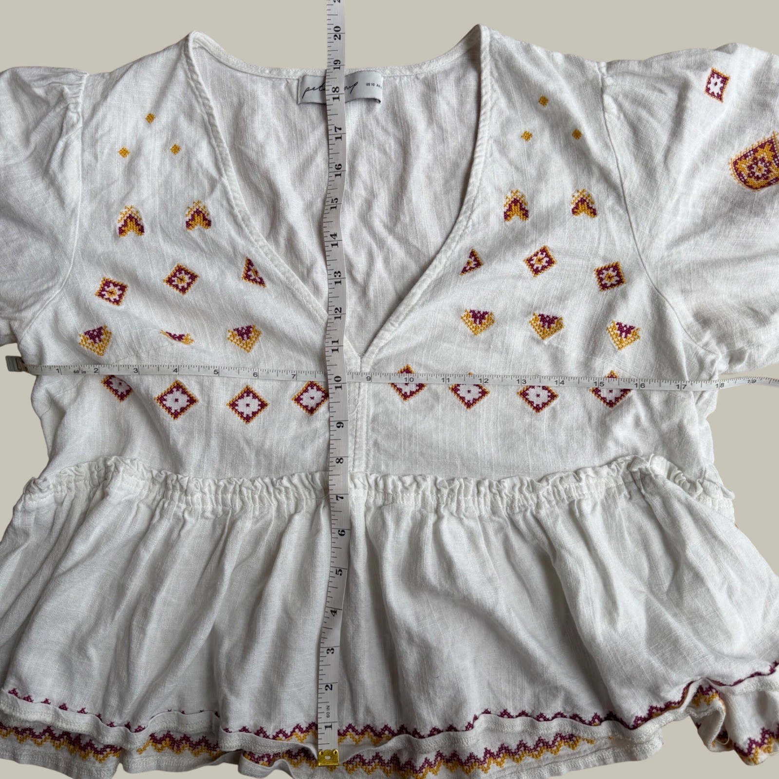 Petal & Pup Dawston Top White Embroidered V-Neck Boho Linen Blend Peplum Blouse