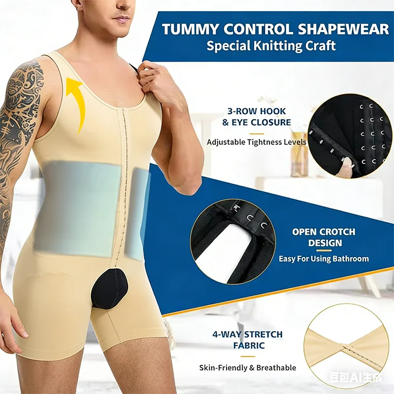 Men Bodysuit Compression Full Body Shaper Underwear Open Crotch Tummy Control US