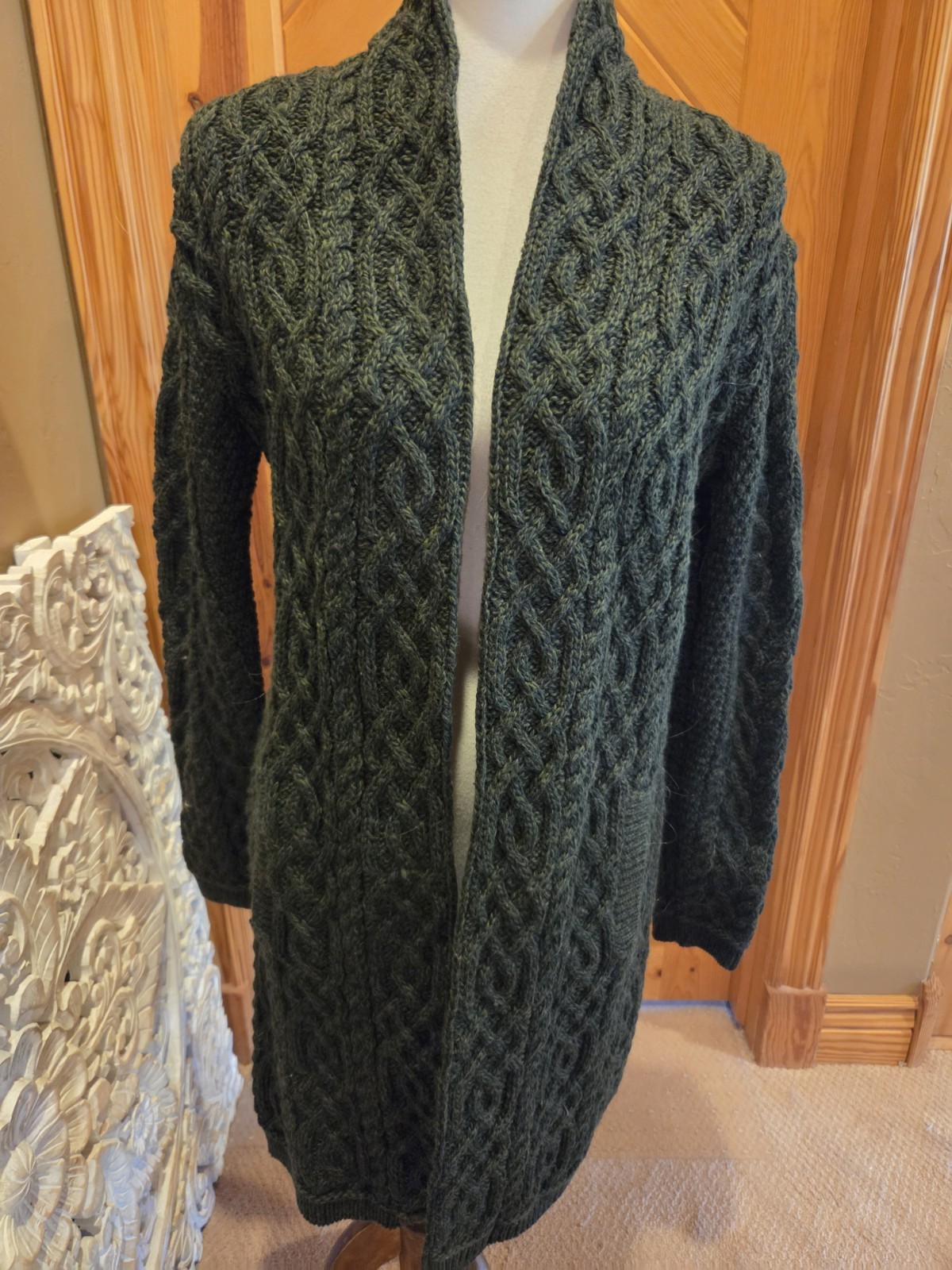 Aran Crafts Of Ireland 100% Wool Dark Green Open Front Long Cardigan Size L