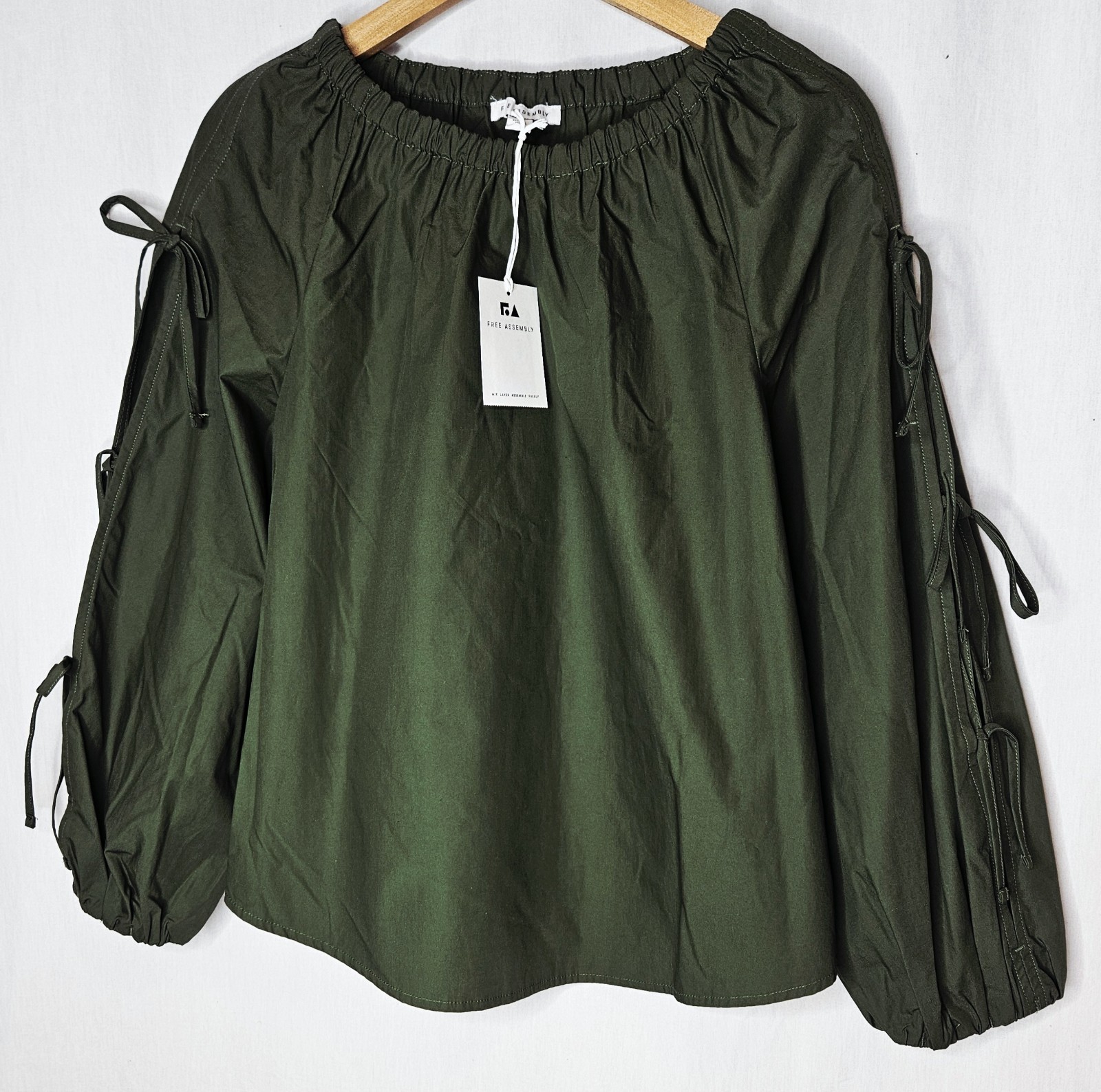 Free Assembly Green Gathered Neck Off Shoulder Top Tie Sleeve XS S M L or XL