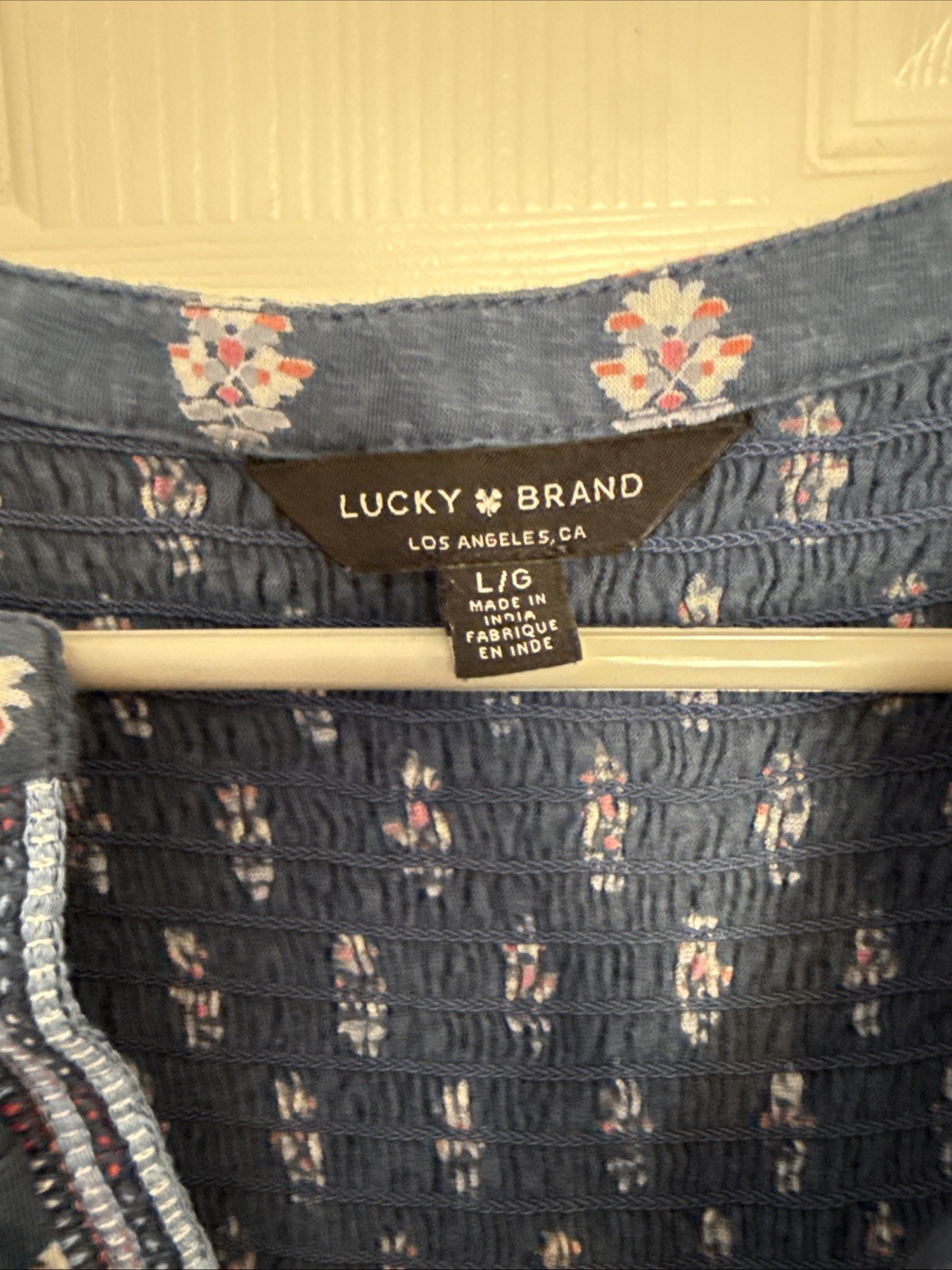 Lucky Brand Split V-Neck L/G Blue Boho Floral Blouse Sleeveless Cotton Blend Top