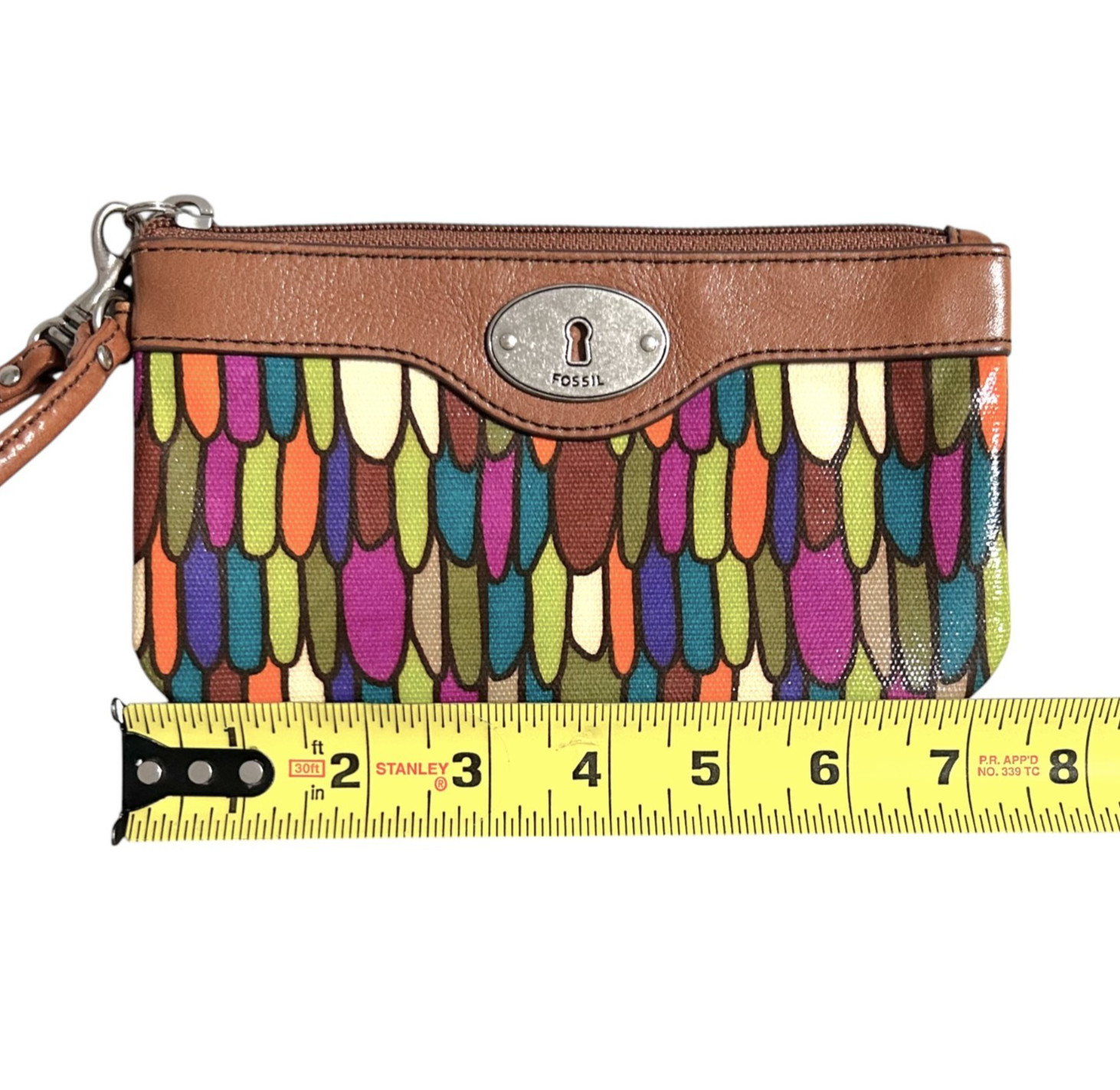 Fossil Key-Per Corner Zip Wristlet Wallet Multi Color Coated Canvas Leather Trim