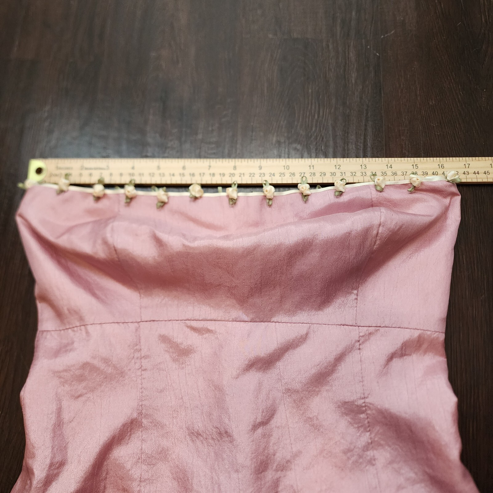Vintage 90s Pink Silk Satin Rosebud Dress Strapless Ivory Ribbons Homemade ~M