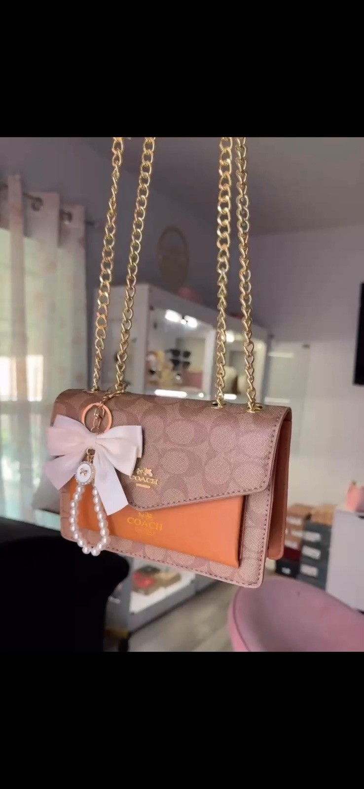 COACH Signature Small Crossbody Bag Beige/Brown/Orange Gold Chain Bow Charm