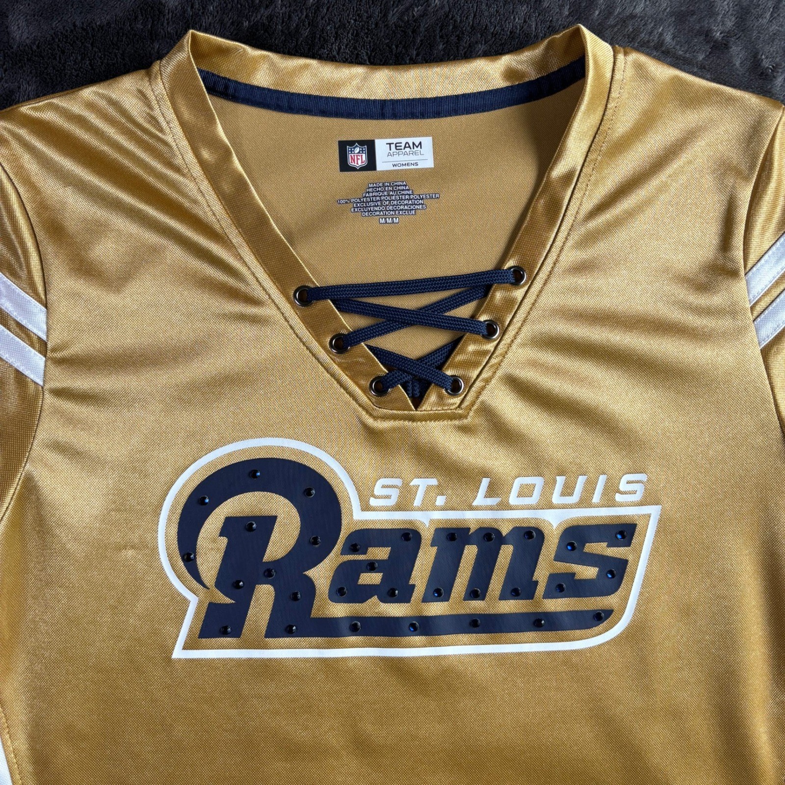 NFL Team Apparel St. Louis Rams Womens Gold Lace Up Jersey Shirt Medium Bling