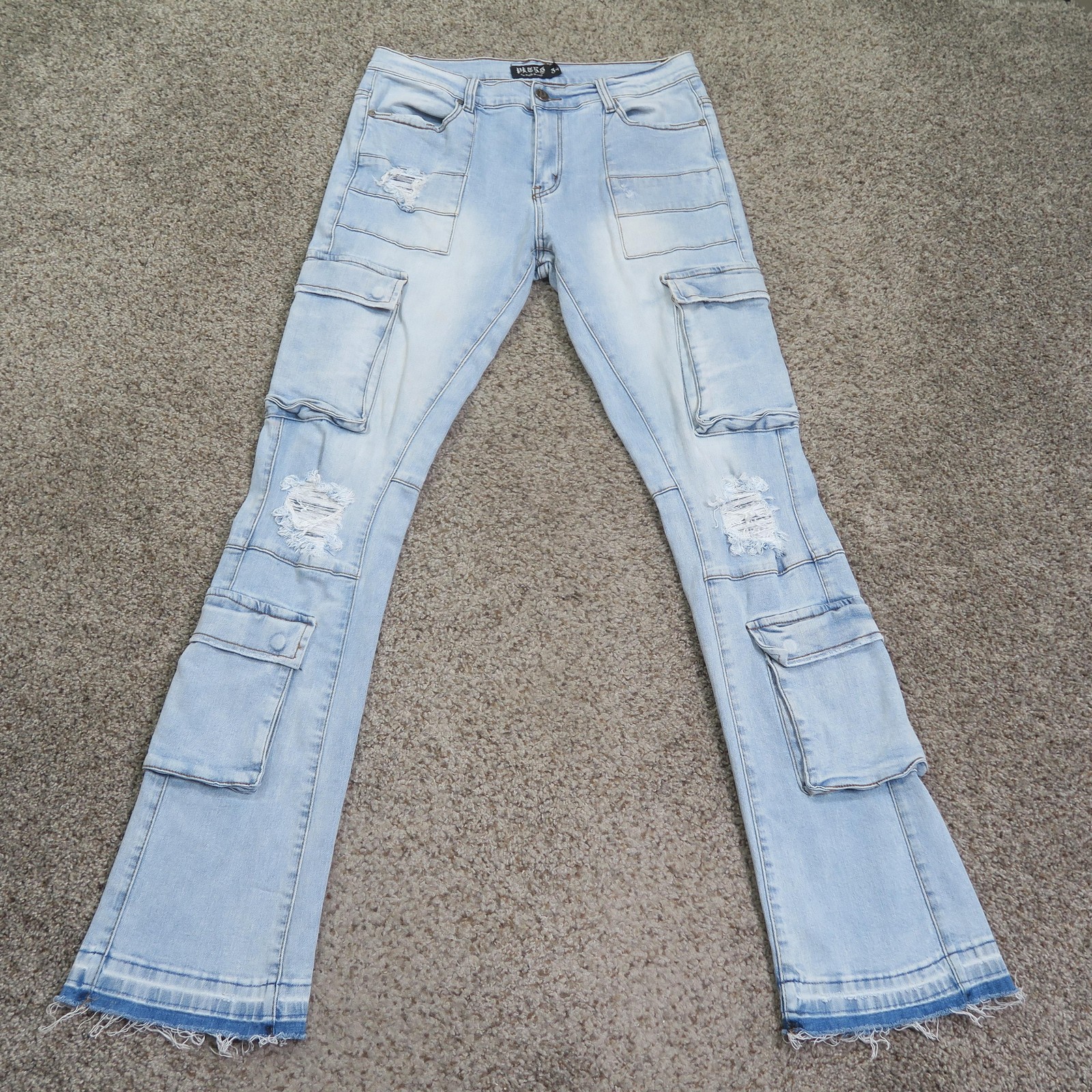 PLTKS Jeans Mens 34 Blue Slim Multi Cargo Pocket Flare Light Wash Politics 34×36