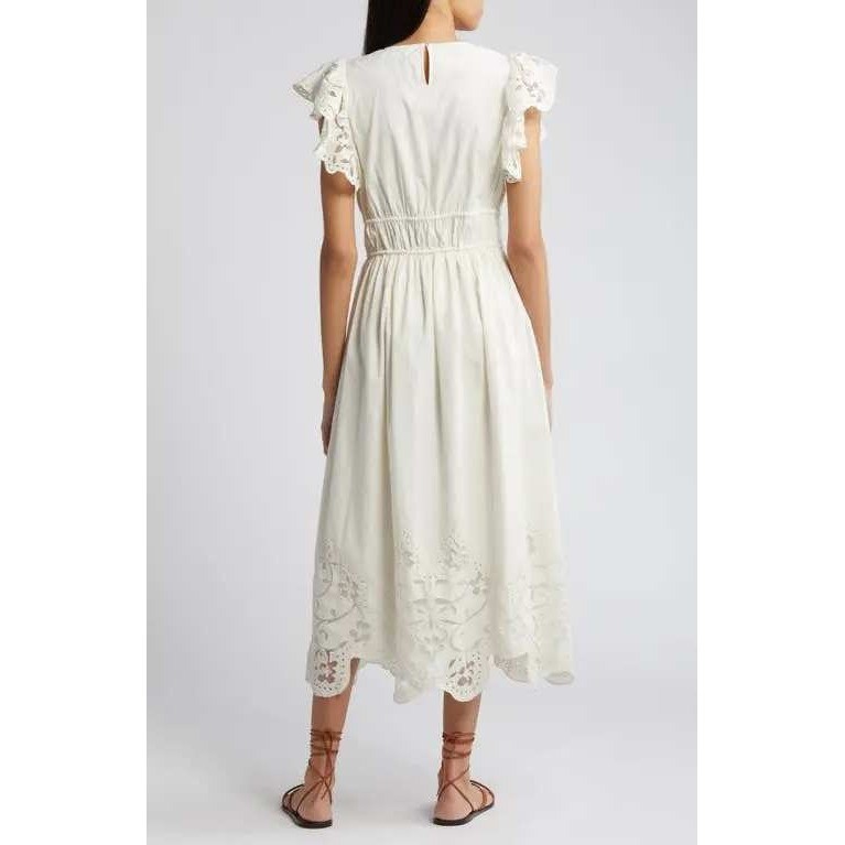 CLEOBELLA Allegra Drawstring Waist Ivory Organic Cotton Eyelet Midi Dress S NWT