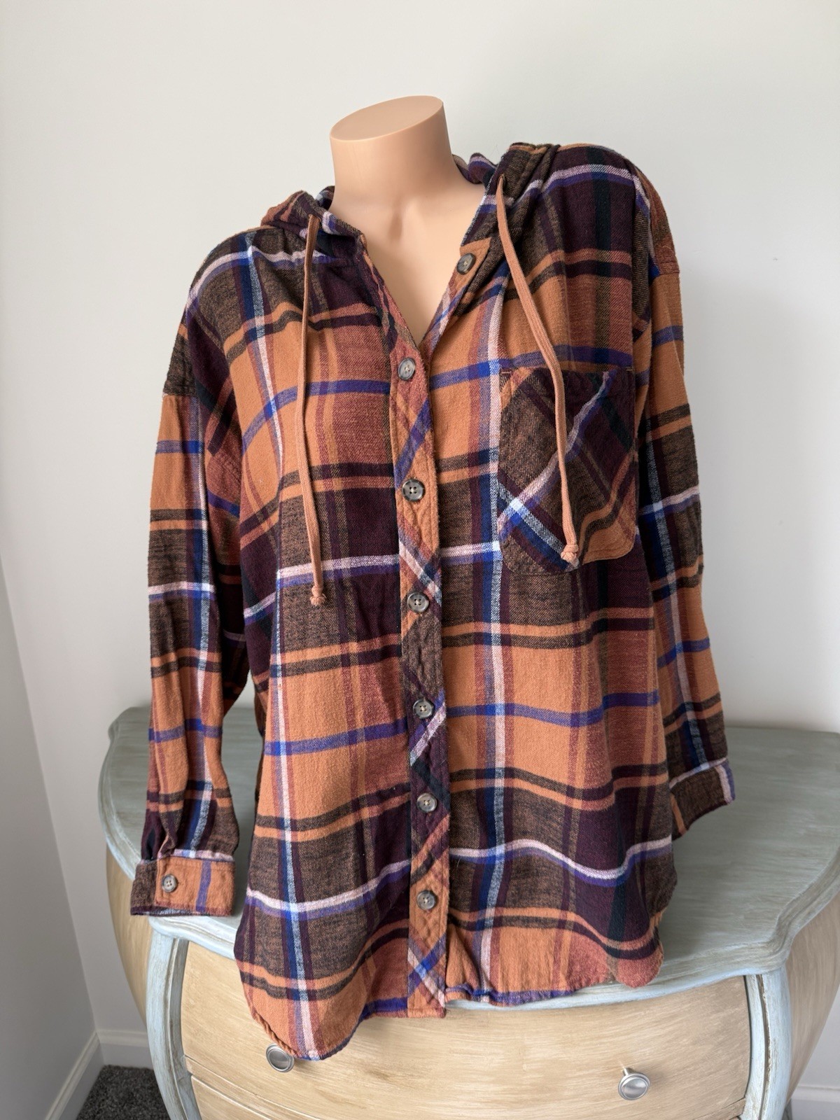 Plaid Hooded Flannel Shirt Brown Purple Blue 3X 3xL Plus Soft Grunge Y2K Fall