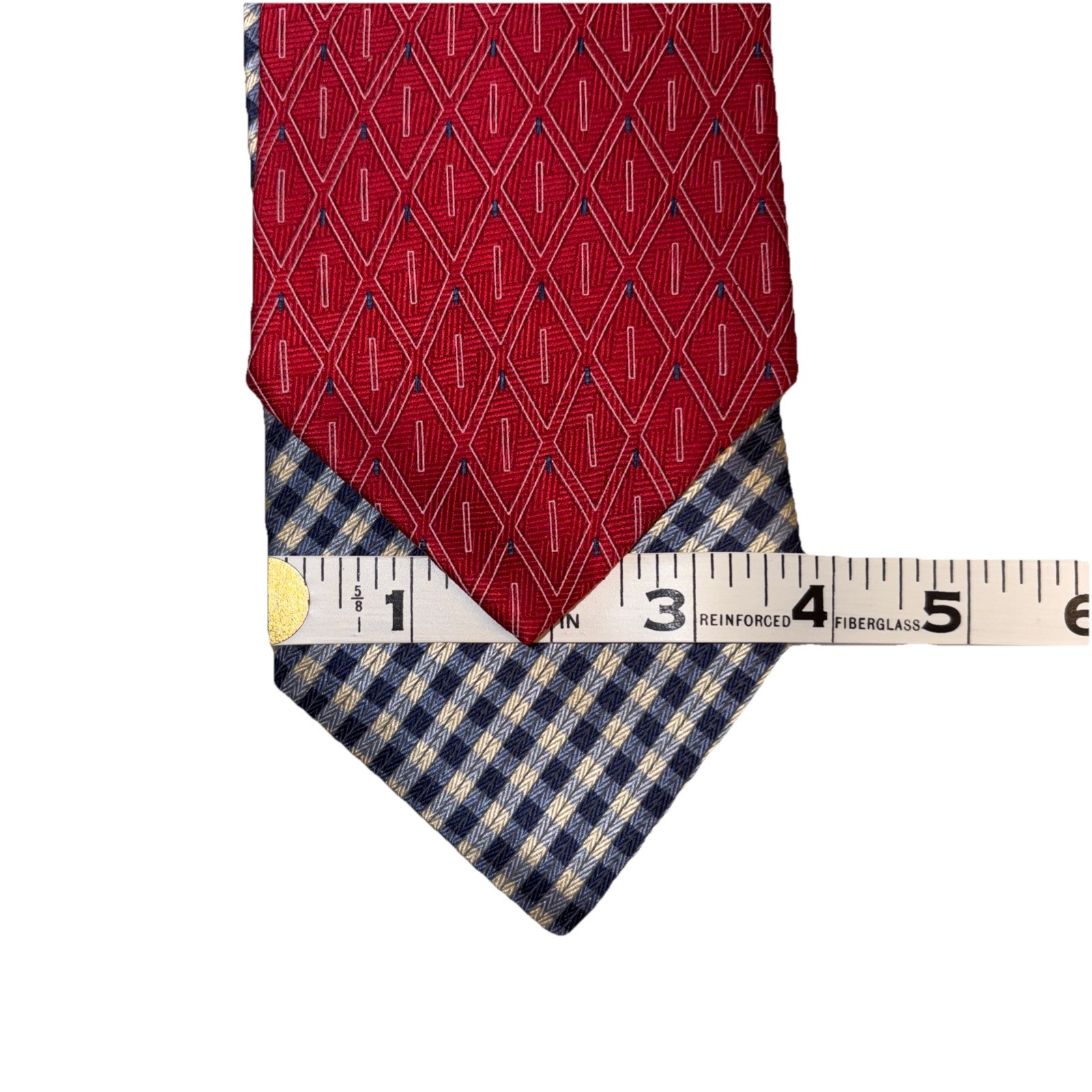 Arrow Mens Silk Ties Navy/yellow Striped Check & Red/white Geo Diamond Lot Of 2