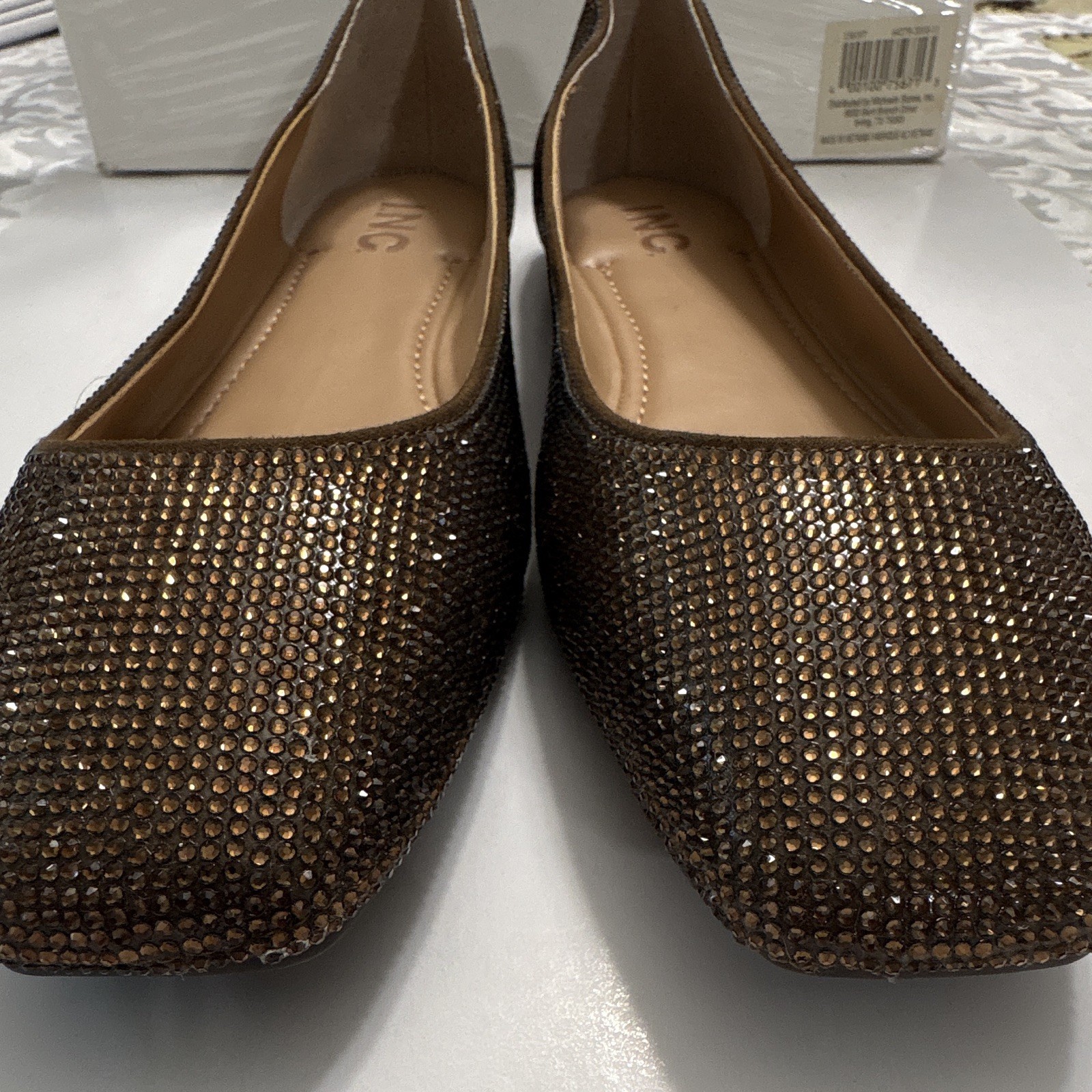 INC Bronze Fabric Rhinestone Ballet Flats Slip-On Almond Toe Women’s US 9
