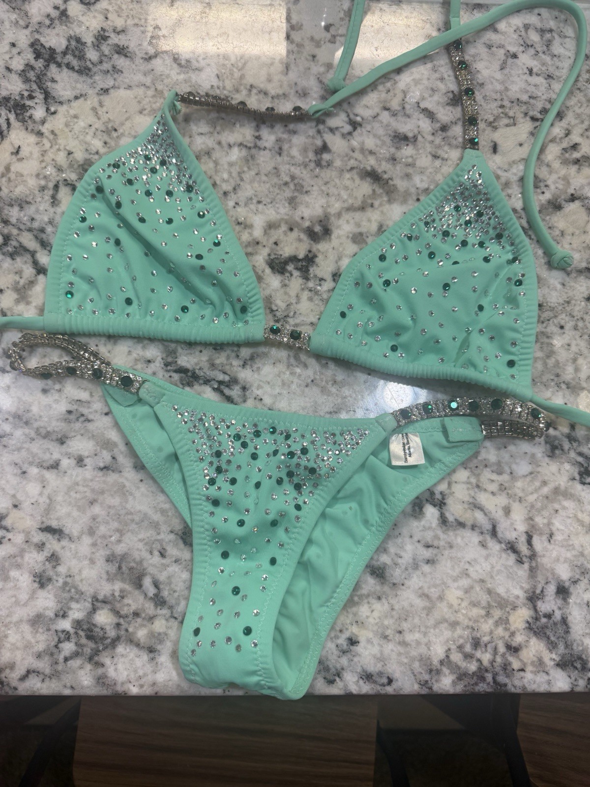 NPC Bikini Green Rhinestone 2-Piece Triangle Halter Bikini Set, Women’s M