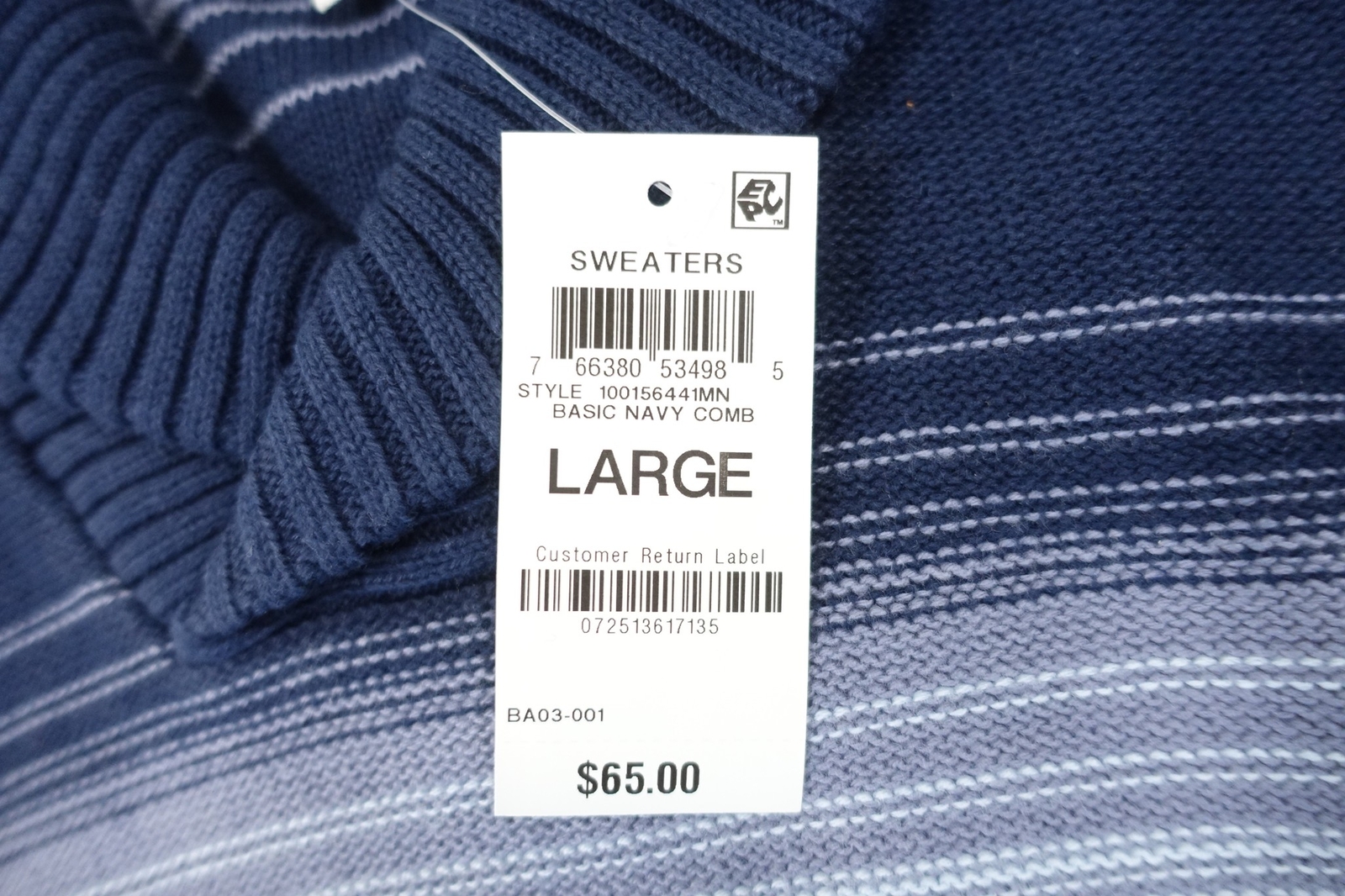 SUN STONE STRIPED NAVY BLUE LARGE HEAVY KNIT SHAWL NECK SWEATER MENS NEW
