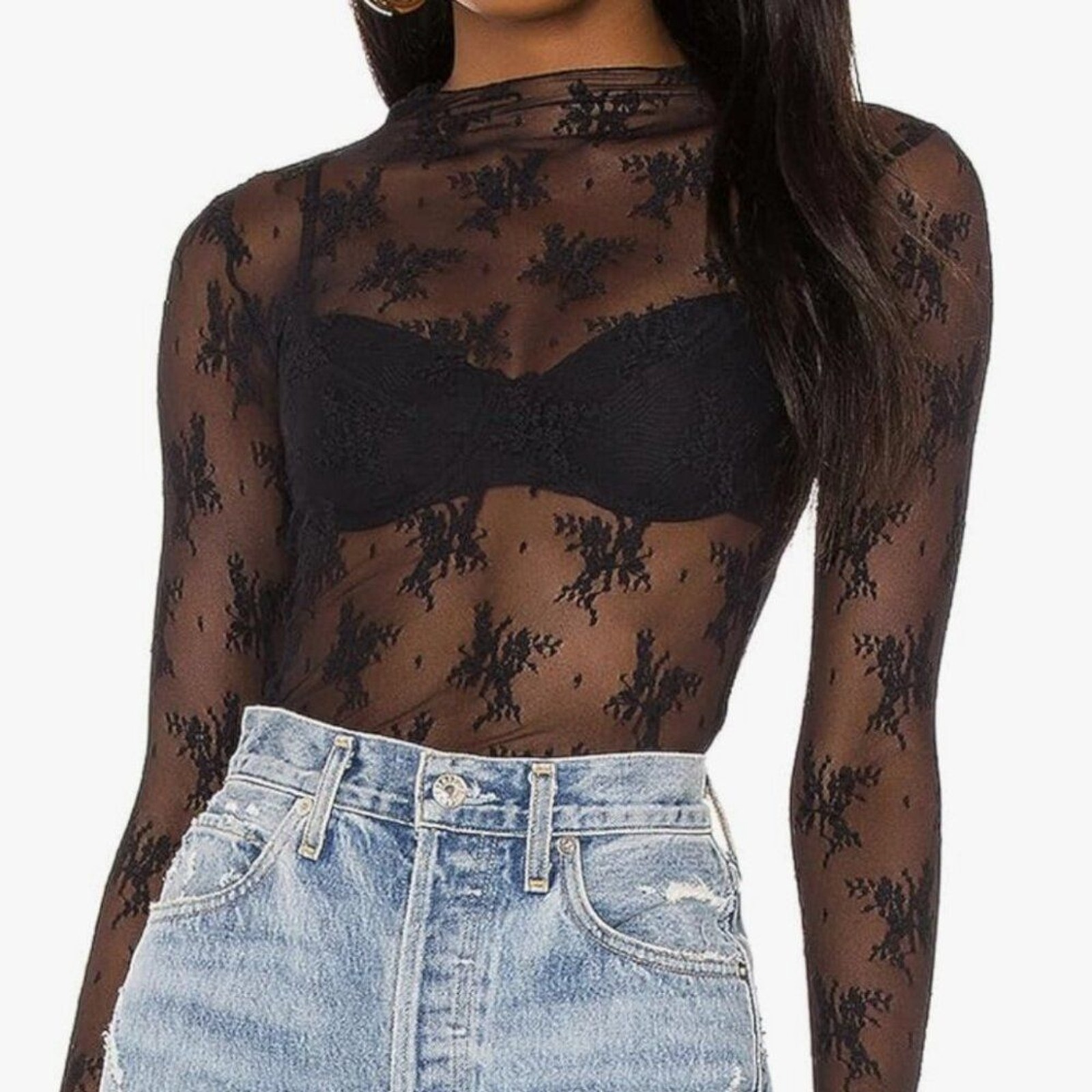 Black Top Embroidered Lace Sheer Long Sleeve Sz M Dark Fairy Whimsigoth