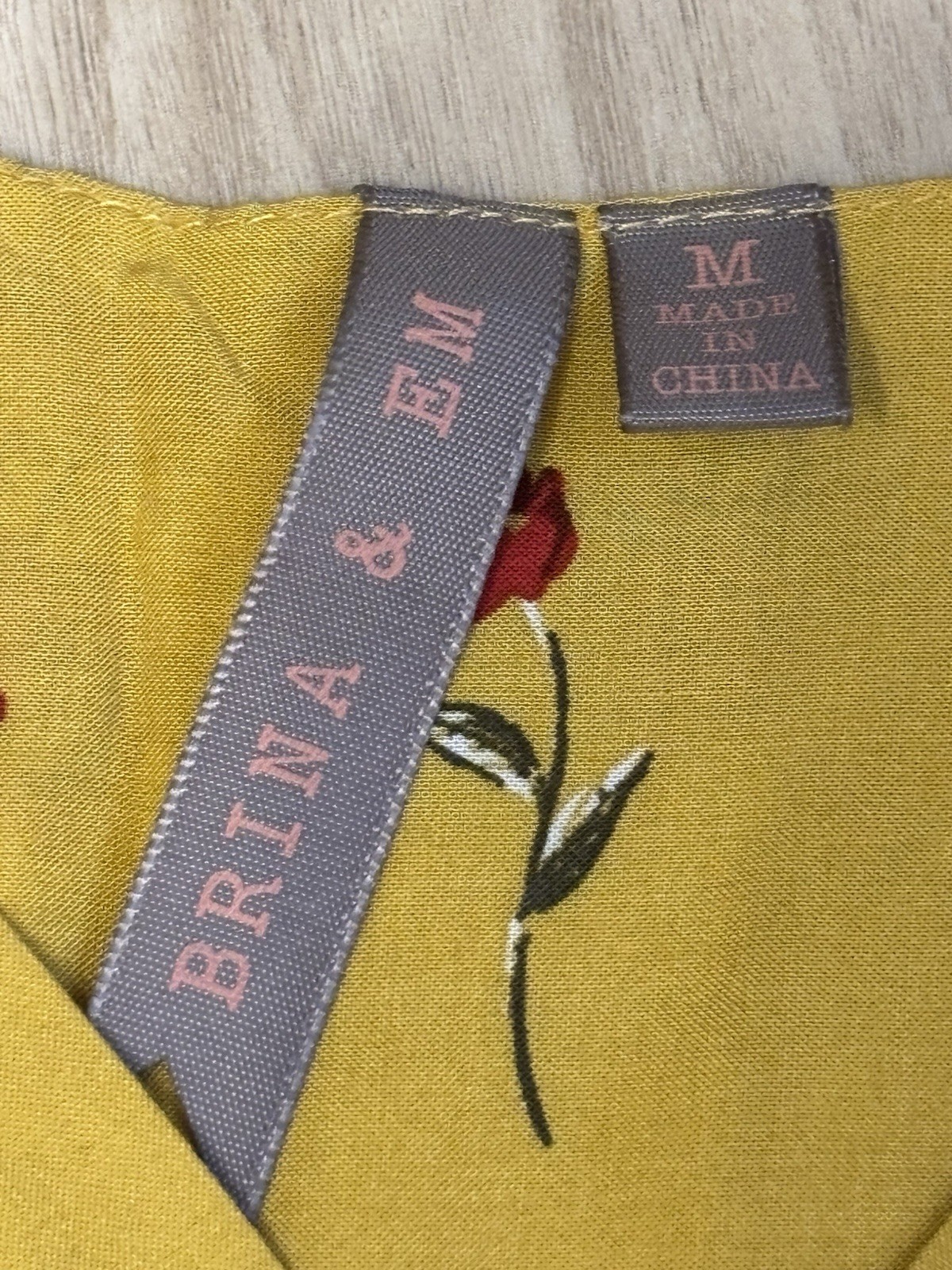 Brina & EM Blouse Medium Mustard Yellow Red White Floral 100% Rayon