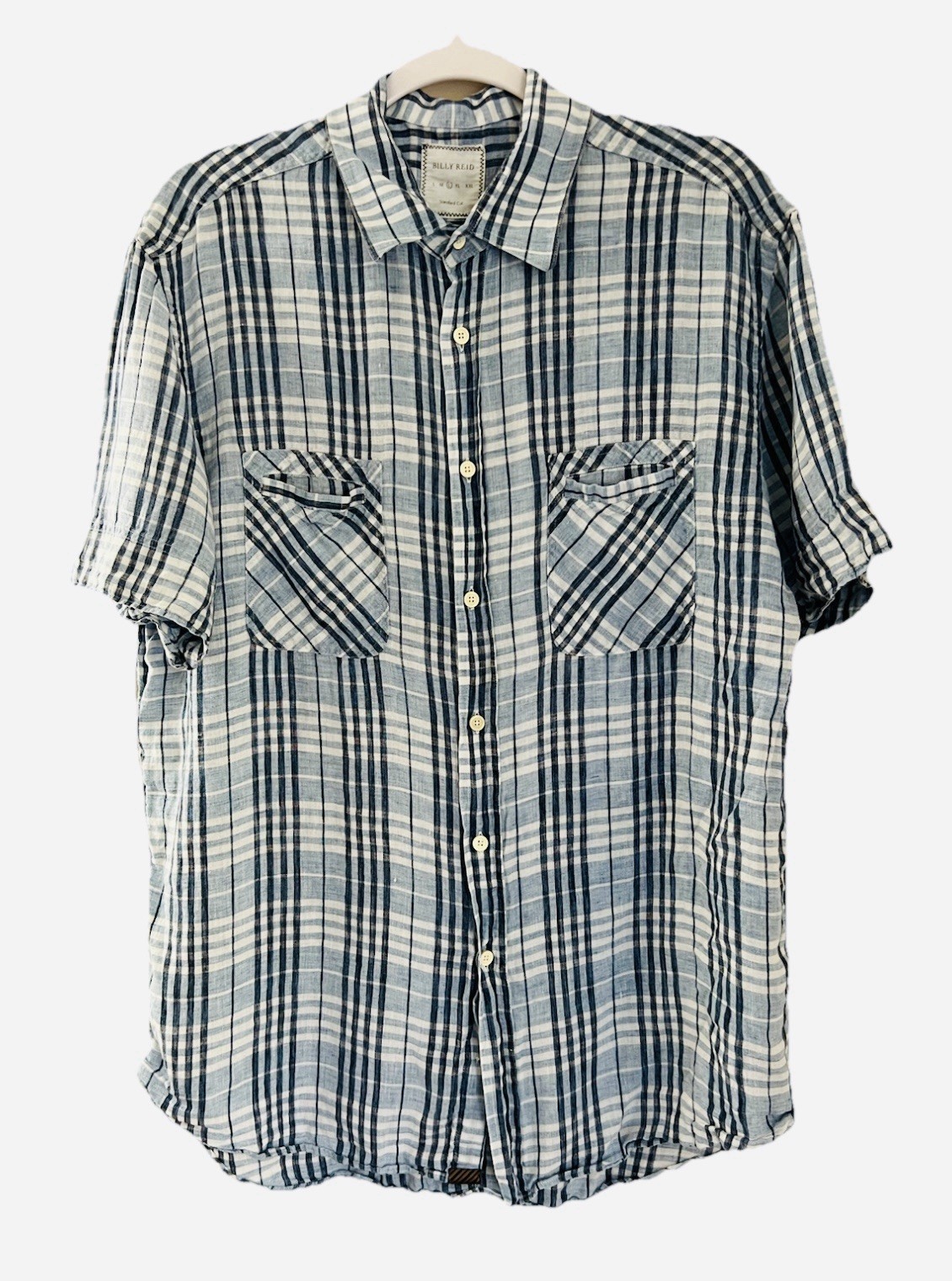 Billy Reid Linen Button Shirt Men’s L Standard Cut Blue Plaid Italy S. Sleeve