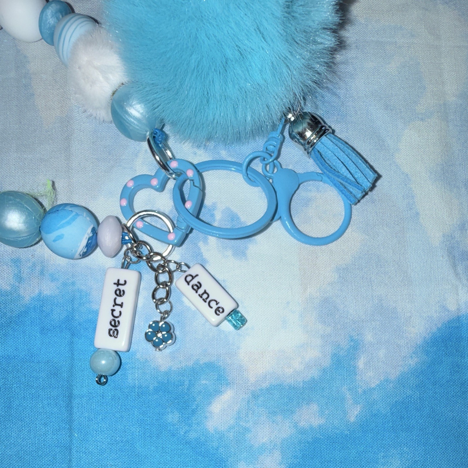 Blue Faux Fur Pom Pom Beaded Key Chain/Bag Charm w/Tassel & Detachable Clip