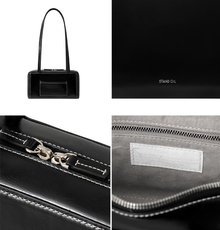 STAND OIL Post Bag Stitch Black Vegan Leather Shoulder Bag K-Fashion