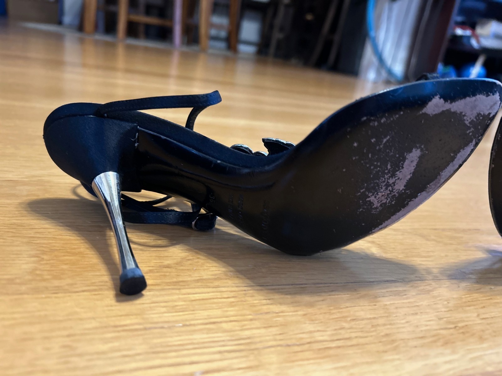 SERGIO ROSSI Black & Silver Satin Crystal T-Strap Sandals Size 6 IT 36 Good Cond