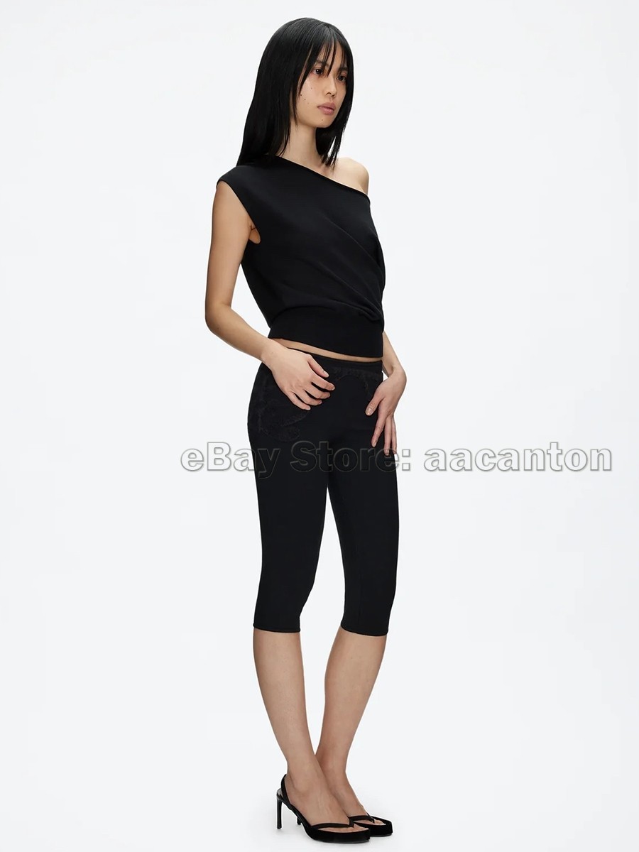 Tank Air Black Short Sleeved Off-Shoulder Tops Lightweight Knit T-shirts New