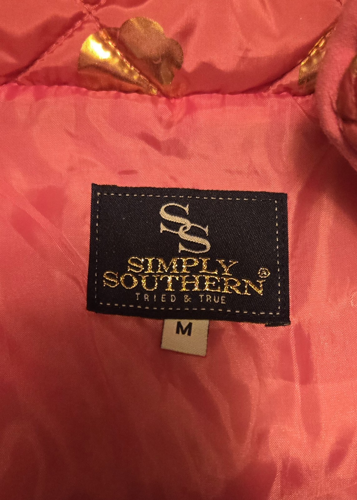 Simply Southern Womens Size M Pink Gold Elephant Puffer Zip Vest Pockets 1M