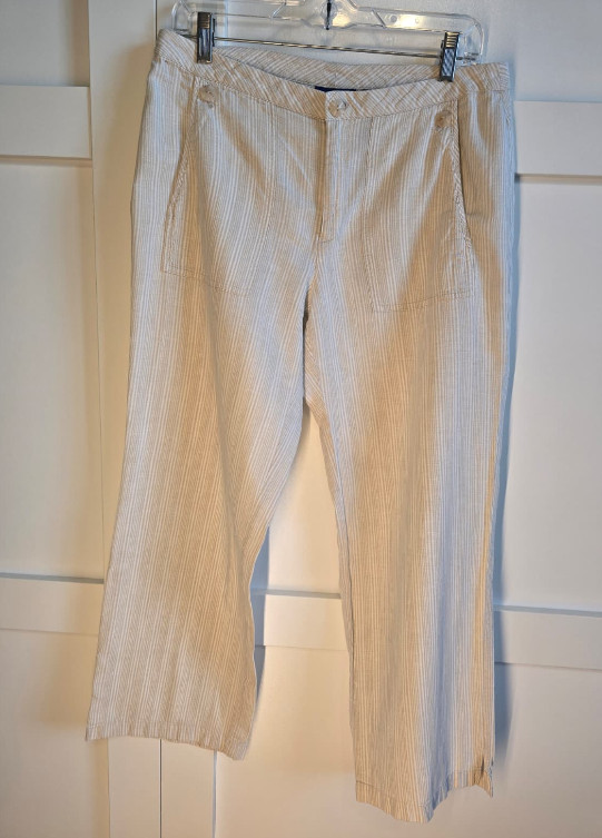 JH Collectibles Womens Linen Blend Crop Pants Petite 12 Beige Stripe Wide Leg