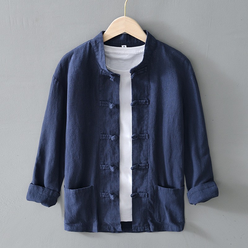 Men’s Chinese style buckle long sleeved casual breathable stand up collar retro