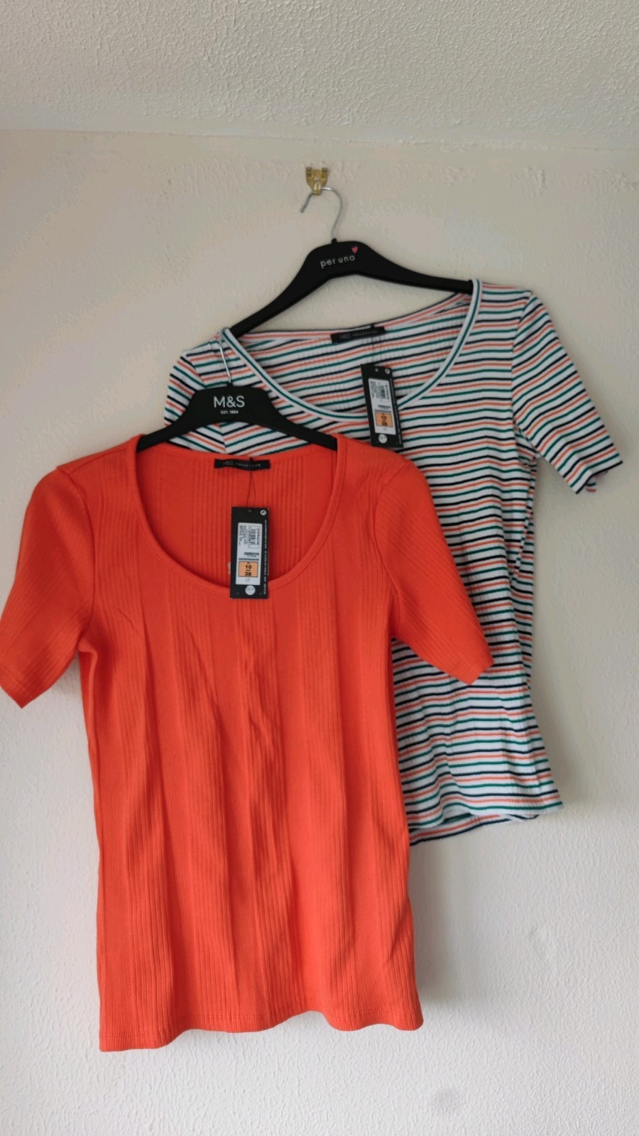 BNWT bundle x2 M&S S 10 green orange waffle texture coton t shirts stretch strip