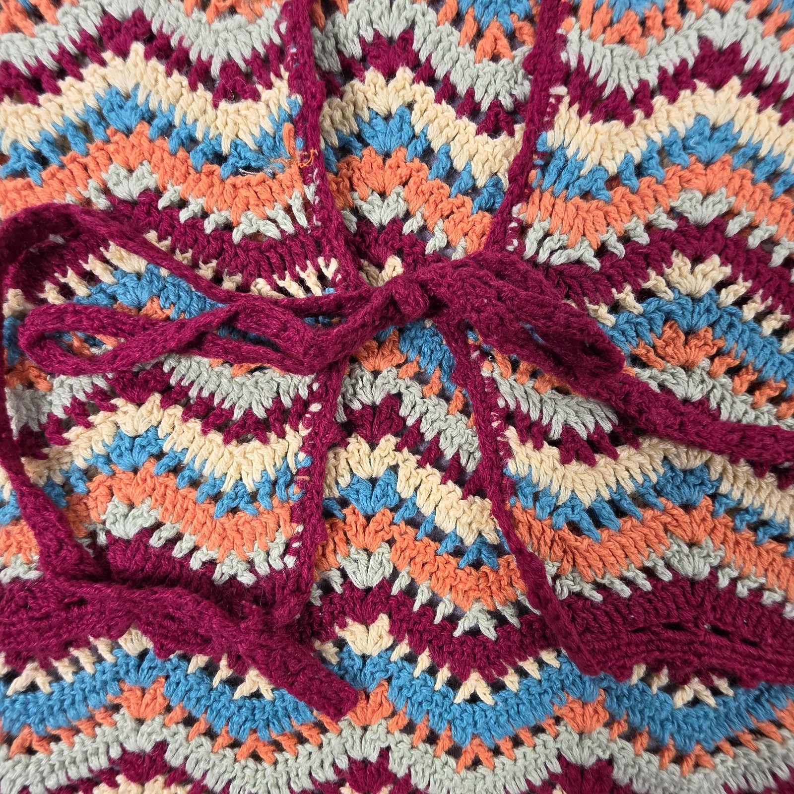 Vtg Crochet Chevron Zigzag Top Camisole Tie Back Y2K Med Boho Hippy Takeout L