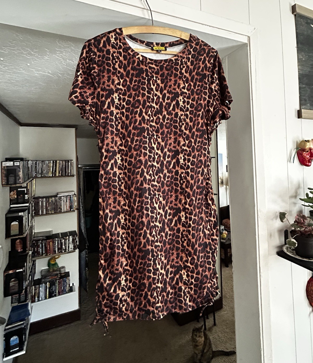 Highlight Plus 2XL Brown Black Leopard T-Shirt Dress Lace-Up Side Knee Length