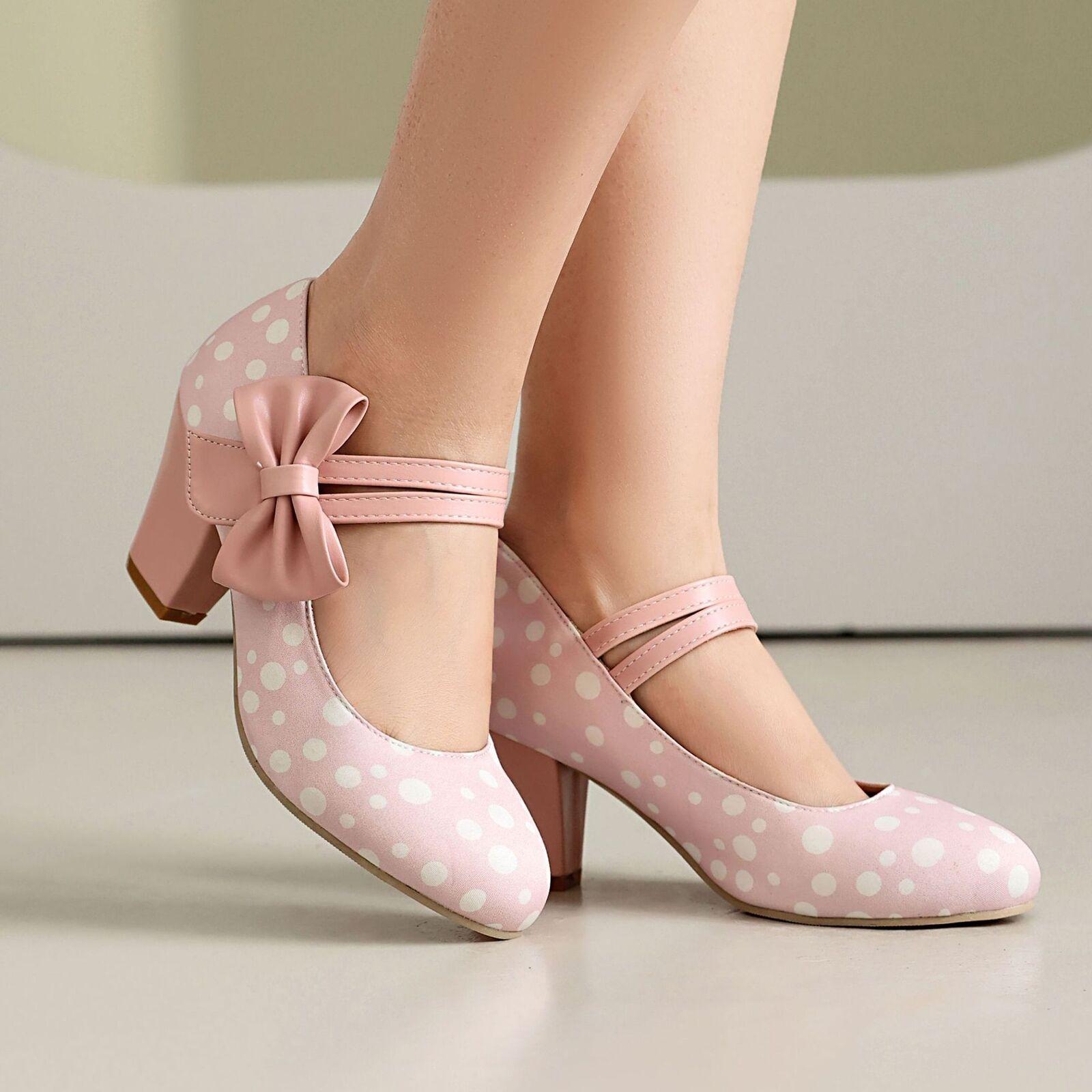Women’s Bowknot Polka Dot Mary Jane Sweet Dress Party Casual High Heels OL Shoes