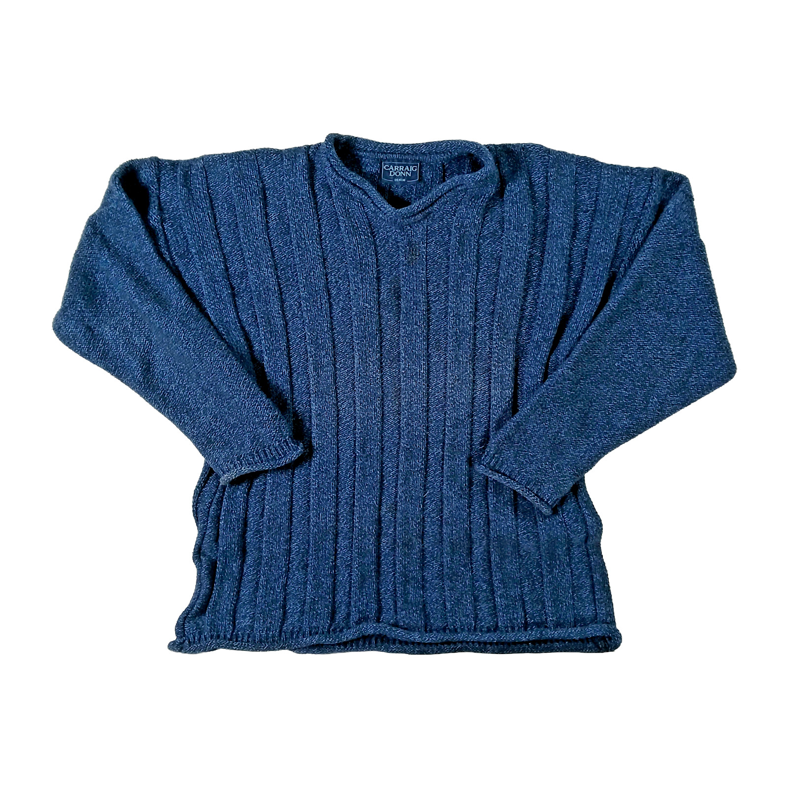 Carraig Donn Ribbed Knit Sweater Men Large Blue 100% Cotton Made in Ireland Vtg