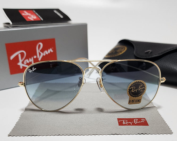 Ray-Ban RB3025 Aviator Pilot Sunglasses Gold Frame Glass Gradient Blue Lens 58mm
